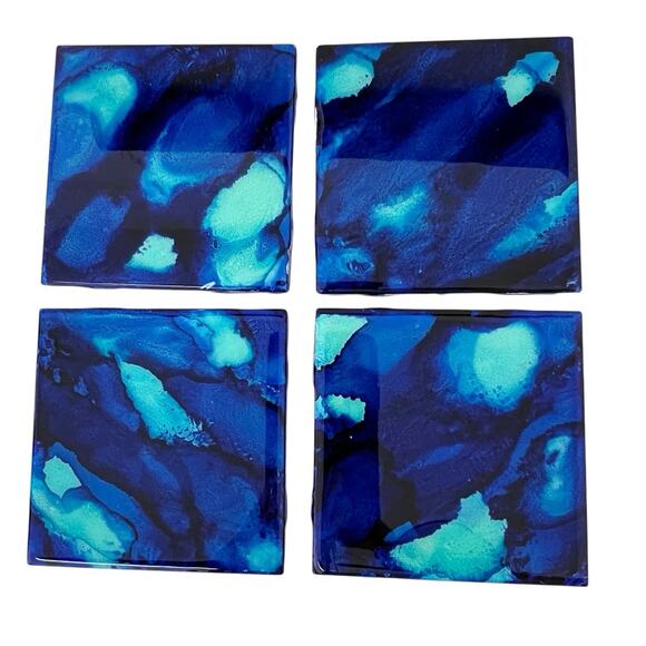 Coasters Lot 4 Art Glass Tiles Blue Green Abstract Artisan Square Cork 4.25 Inch - Picture 4 of 12